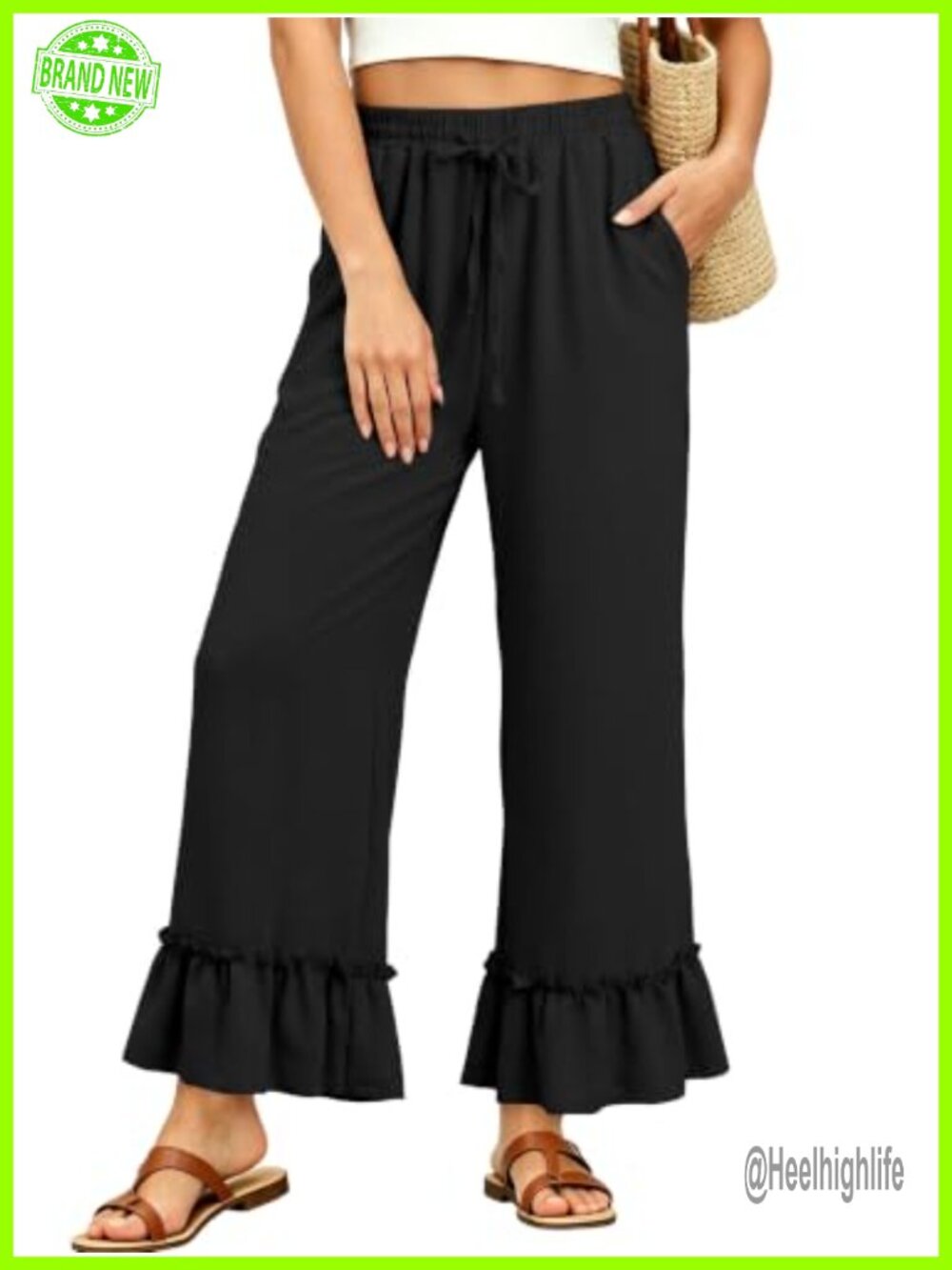 Women Wide Leg Palazzo Pants Ruffle Hem Trousers with Pockets